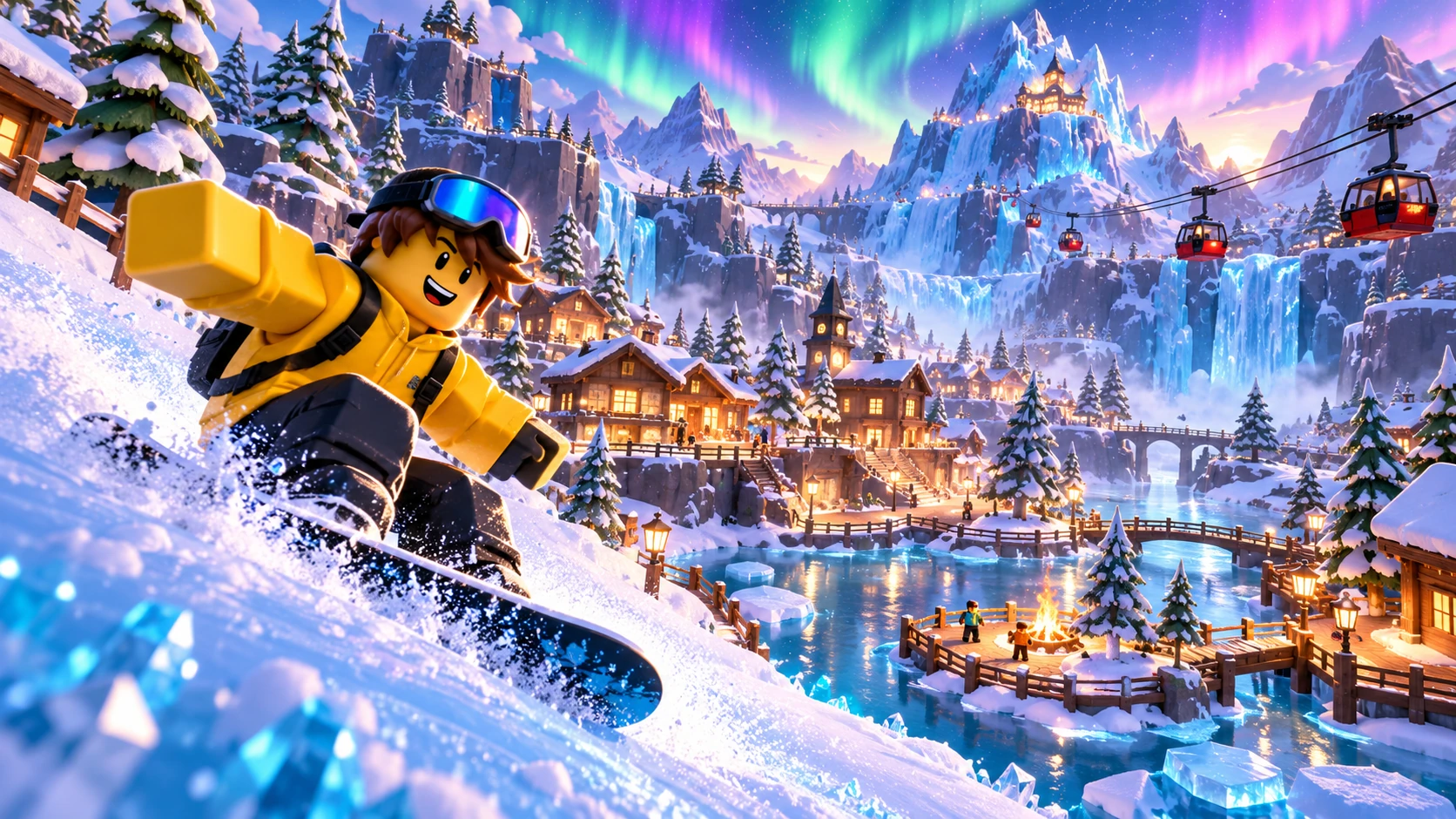 Snowy escape Roblox-style concept art