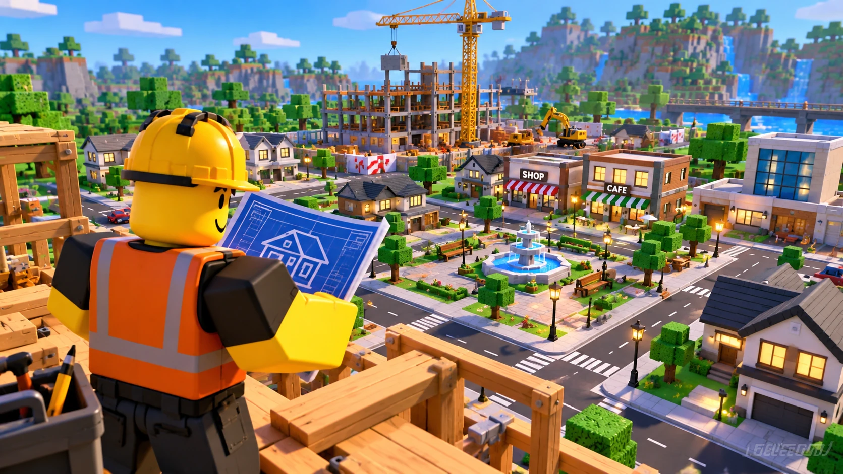 Cozy town Roblox-style concept art